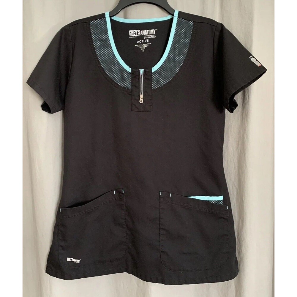 Grey’s Anatomy Active Mesh Trim Zip Scrub Top Black 41420 Women's Size Small